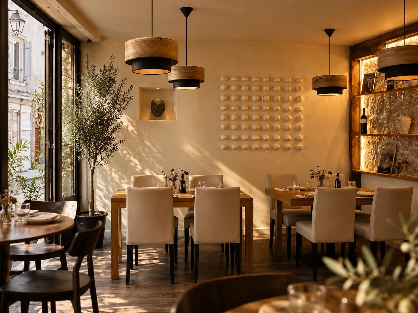 La sala de NOMADE con mesas de madera y lámparas de luz cálida