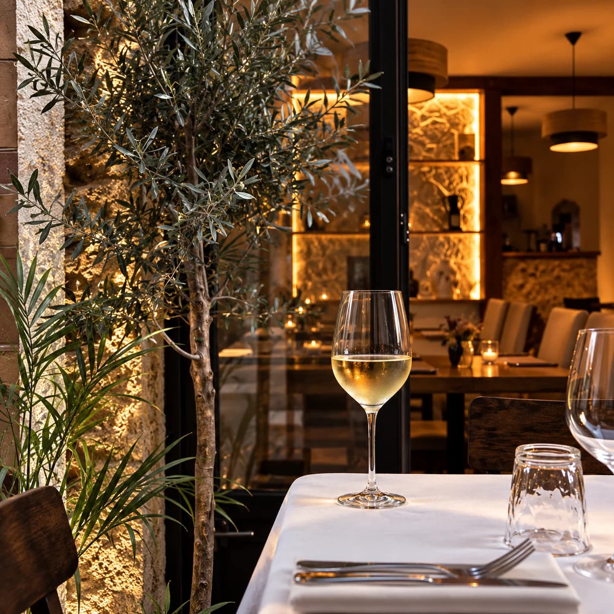 Una copa de vino junto al olivo y al ventanal abierto de NOMADE